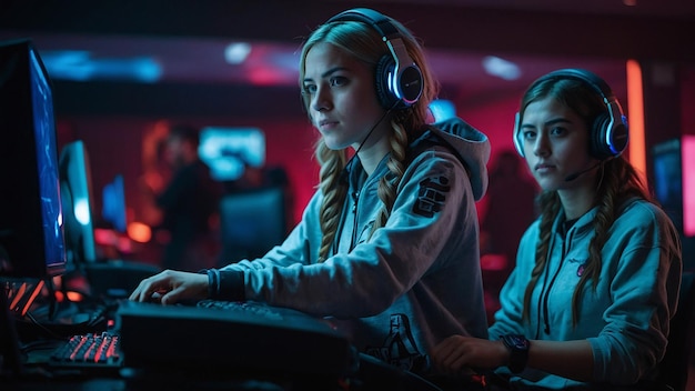 Photo female gamer succeeding in gaming tournament at computer club