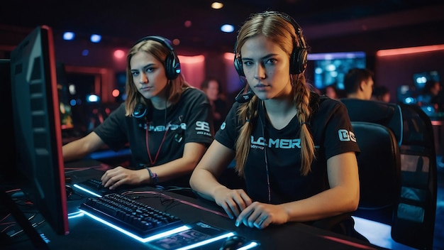 Photo female gamer succeeding in gaming tournament at computer club