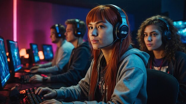 Female Gamer Succeeding in Gaming Tournament at Computer Club