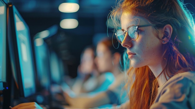 Female Gamer with Glasses Playing Video Game in Computer Lab