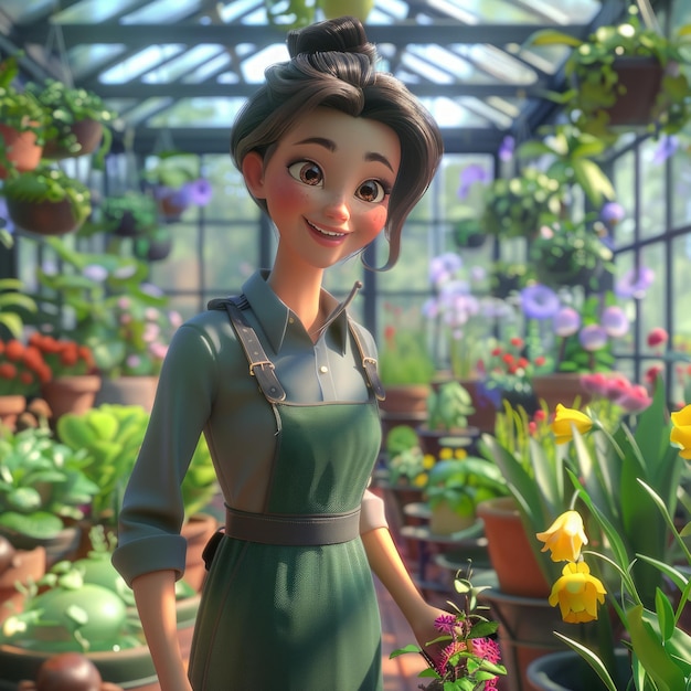 a female gardener in the greenhouse 3d cartoon