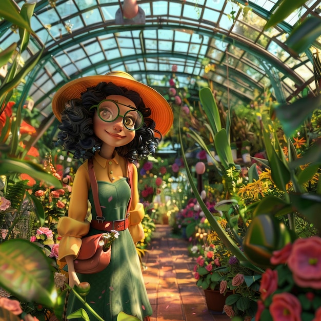 a female gardener in the greenhouse 3d cartoon