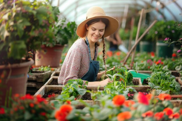 Photo female gardener working in garden center