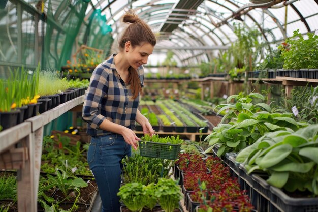 Photo female gardener working in garden center