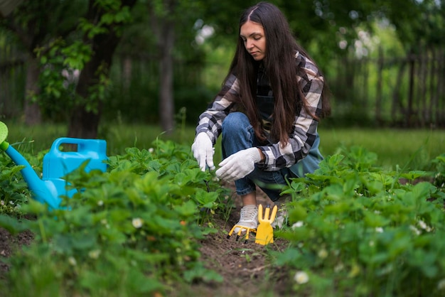 A female gardener working on the plantation taking care of plants