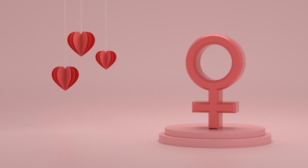 Female gender symbols in a platform and heart paper cut on pink room background Concept of International Women39s Day