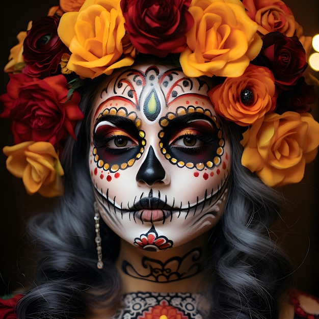 female ghost on the Day of the Dead featuring long eyelashes with Day of the Dead chrysanthemum