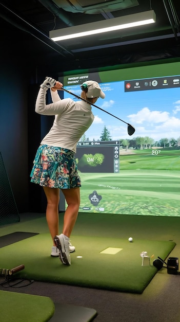 Photo female golfer plays golf on golf simulator