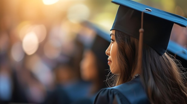 a female graduate with a blue cap and gown