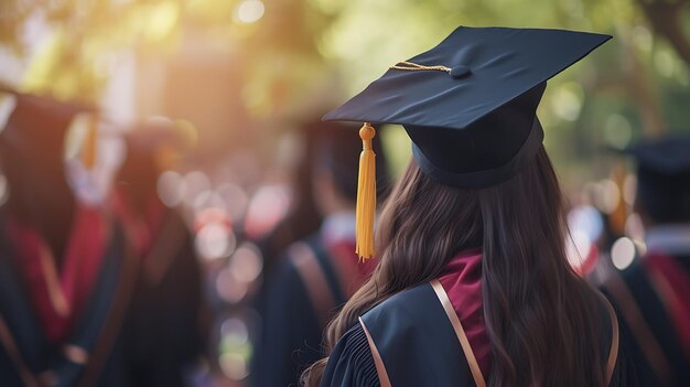 a female graduate with a cap and gown on her head