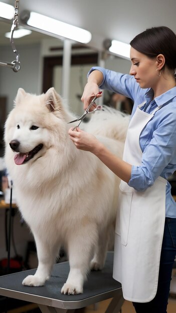 Photo a female groomer erases a samoyed dog with scissors a big dog in a barber shop