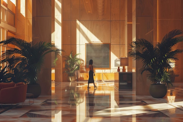 Female guest walks inside a hotel lobby