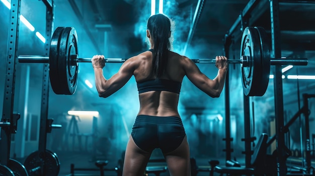 Female Gym Fitness Model Performing Weight Lifting Exercise with Barbell