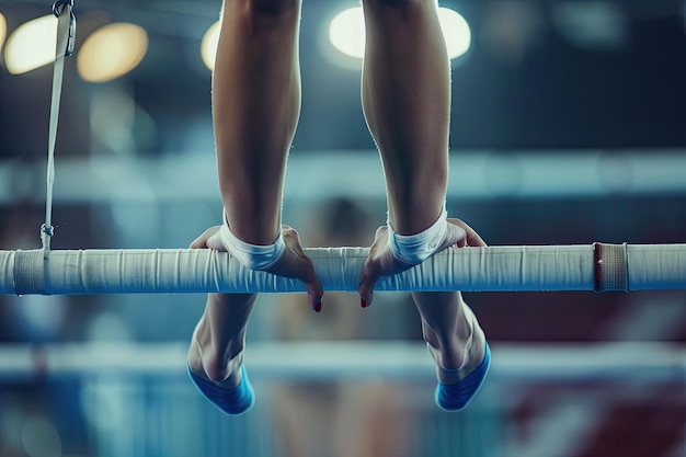 Female Gymnast Competing on Uneven Bars in Artistic Gymnastics