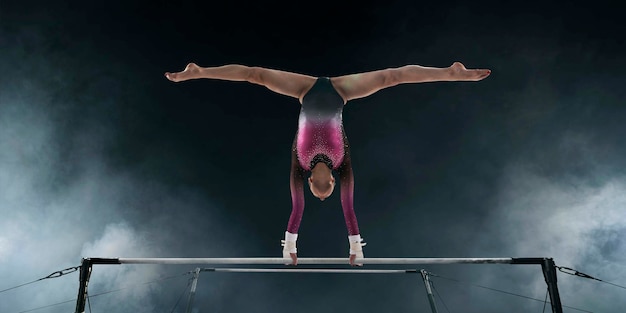 Female gymnast doing a complicated trick on gymnastics balance beam in a professional arena