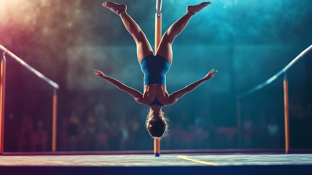 Photo a female gymnast performs a move on the uneven bars in a gym