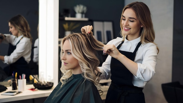 Female hairdresser making hairstyle to blonde woman in beauty salon