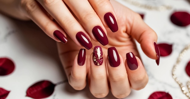 Photo female hand beautiful burgundy manicure