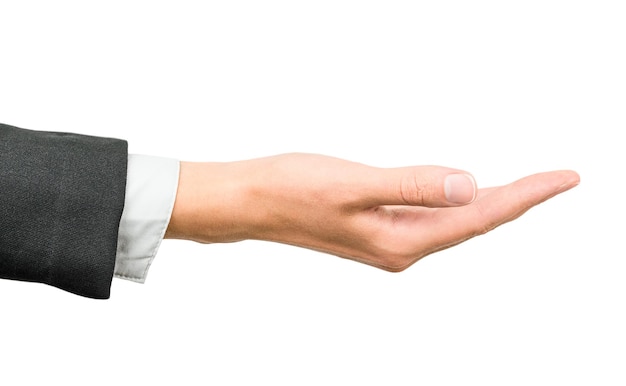 Female hand in a business suit stretches out a palm isolated on a white background