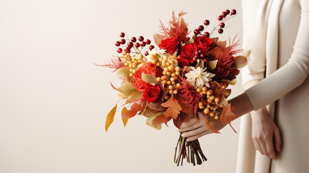 Female hand holding an autumn bouquet with red leaves