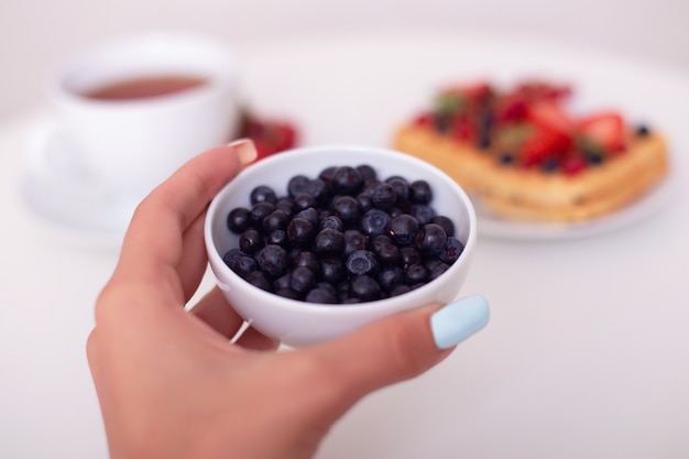 Female hand holding blueberries