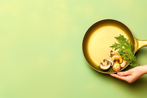 Female hand holding empty frying pan on green textured background with wild mushrooms and herbs