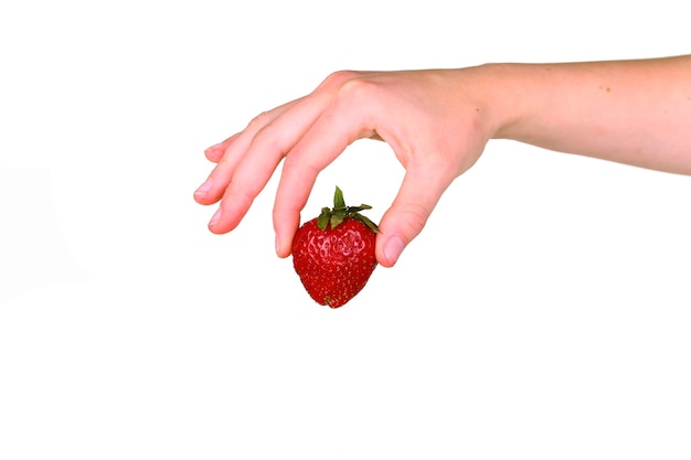 Female hand holding a fresh sweet strawberry isolated on white background. organic strawberries.