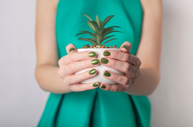 Female hand holding green plant in pot. Woman in green dress and with green nails.