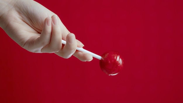 Female hand holding a lollipop on a cherry background