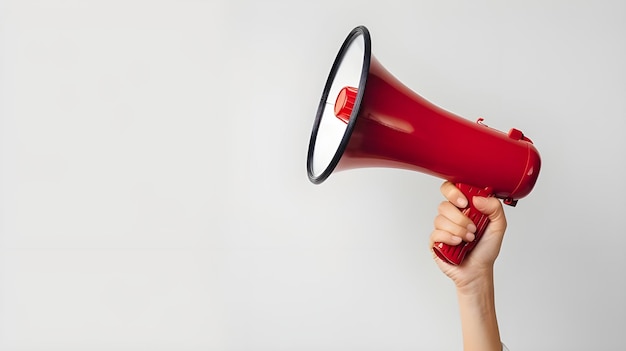 Female hand holding a megaphone on a white background