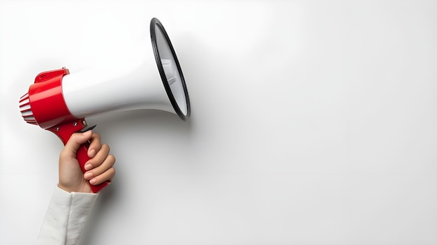 Female hand holding a megaphone on a white background