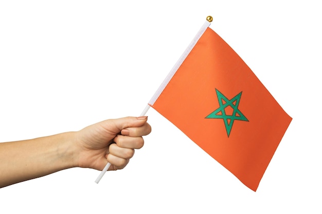 Female hand holding Morocco flag isolated on white background template for designers