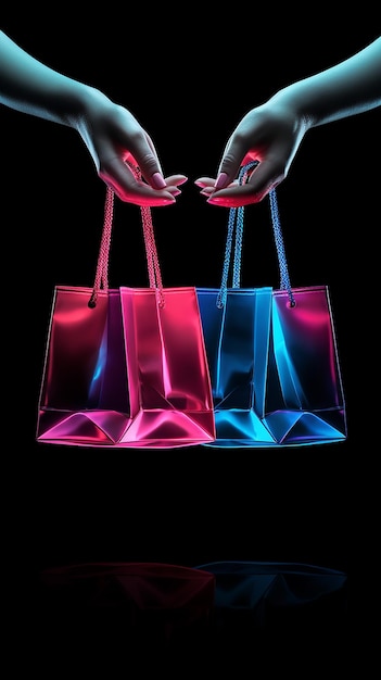 Photo female hand holding neon shopping bags