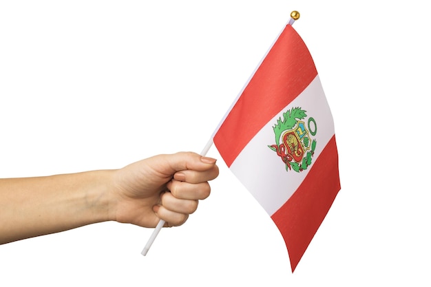 Female hand holding Peru flag isolated on white background template for designers