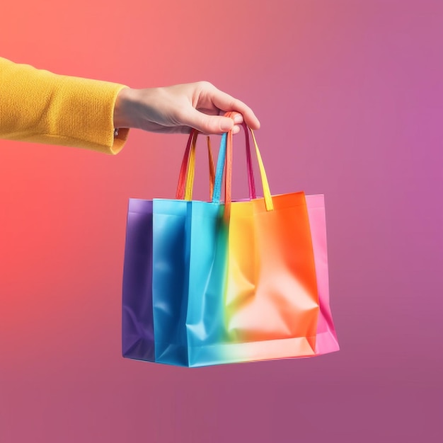 Female hand holding plastic bag with colorful balls on pink background