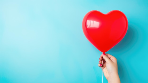 Female hand holding red heart shaped balloon on light blue background with copy space. Valentine's Day or Happy Birthday celebration concept.