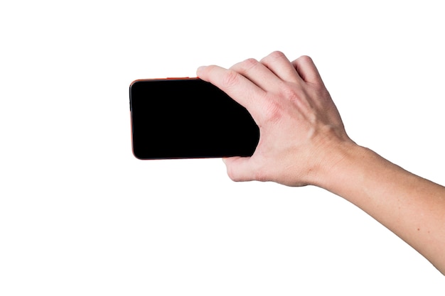 Female hand holding smartphone with black screen taking photo