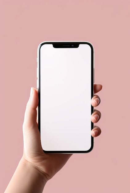 Female hand holding smartphone with blank screen on pink background Mockup for design