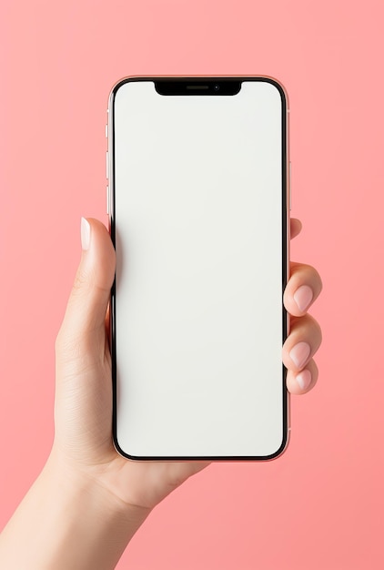 Female hand holding smartphone with blank screen on pink background mockup