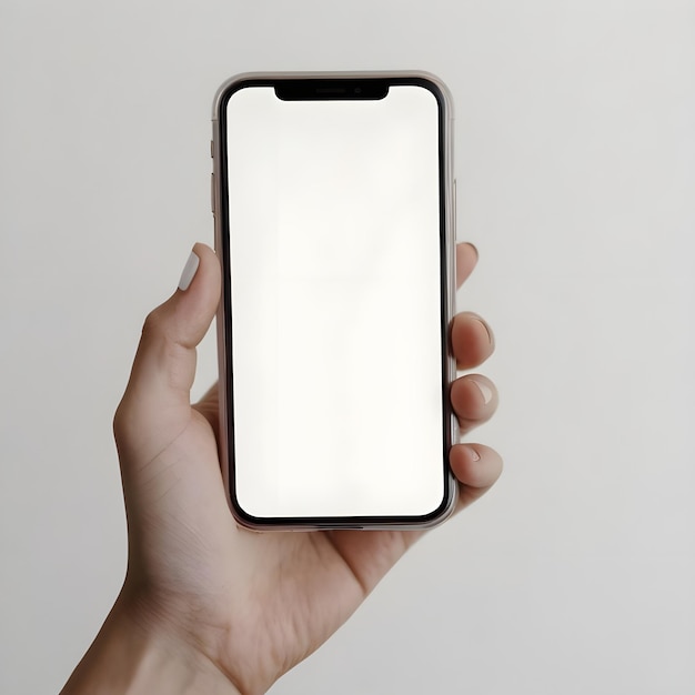 Female hand holding a smartphone with a white screen on a white background