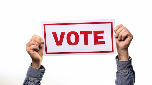 Photo female hand holding a vote sign with bold red letters a call to civic duty and participation concept of democracy elections voting rights and political engagement isolated on white background