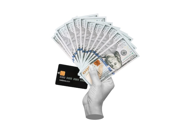 Female hand holding a wad of hundred-dollar cash banknotes and a black plastic credit card