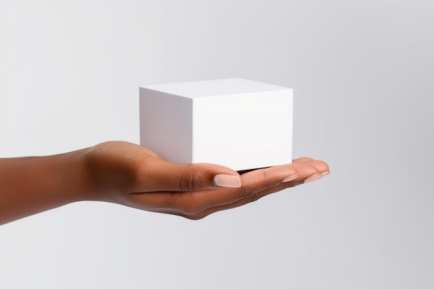 Female hand holding a white box mock up style AI Generated