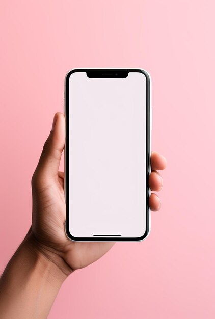 Female hand holding white smartphone with blank screen isolated on pink background