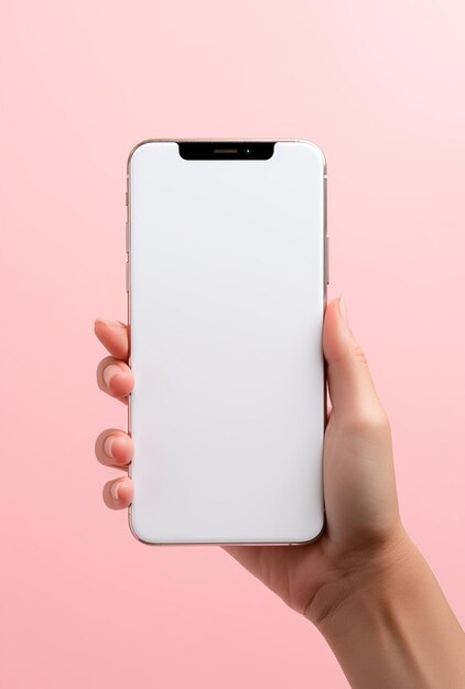 Female hand holding white smartphone with blank screen isolated on pink background