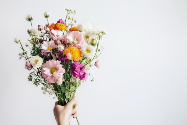 Female hand holds beautiful bouquet of dahlias and chrysanthemums Mothers day holiday decor Flower delivery concept Generative AI illustration