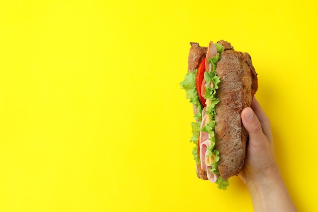 Female hand holds ciabatta sandwich on yellow background