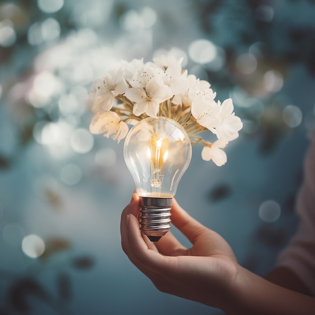 Female hand holds glowing light bulb with flowers