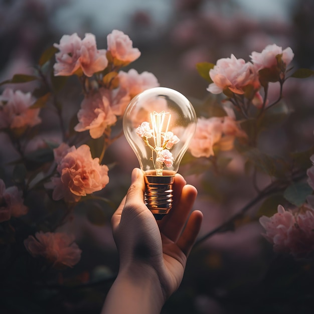 Female hand holds glowing light bulb