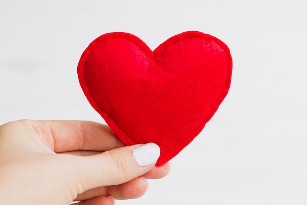 Female hand holds a red heart on a white background. Valentine`s day concept